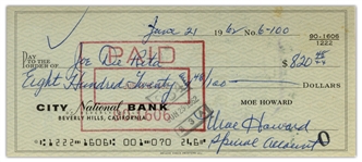 Moe Howard Check Signed to Joe DeRita -- Endorsed by DeRita on Verso -- Dated 21 June 1962 -- Very Good Condition